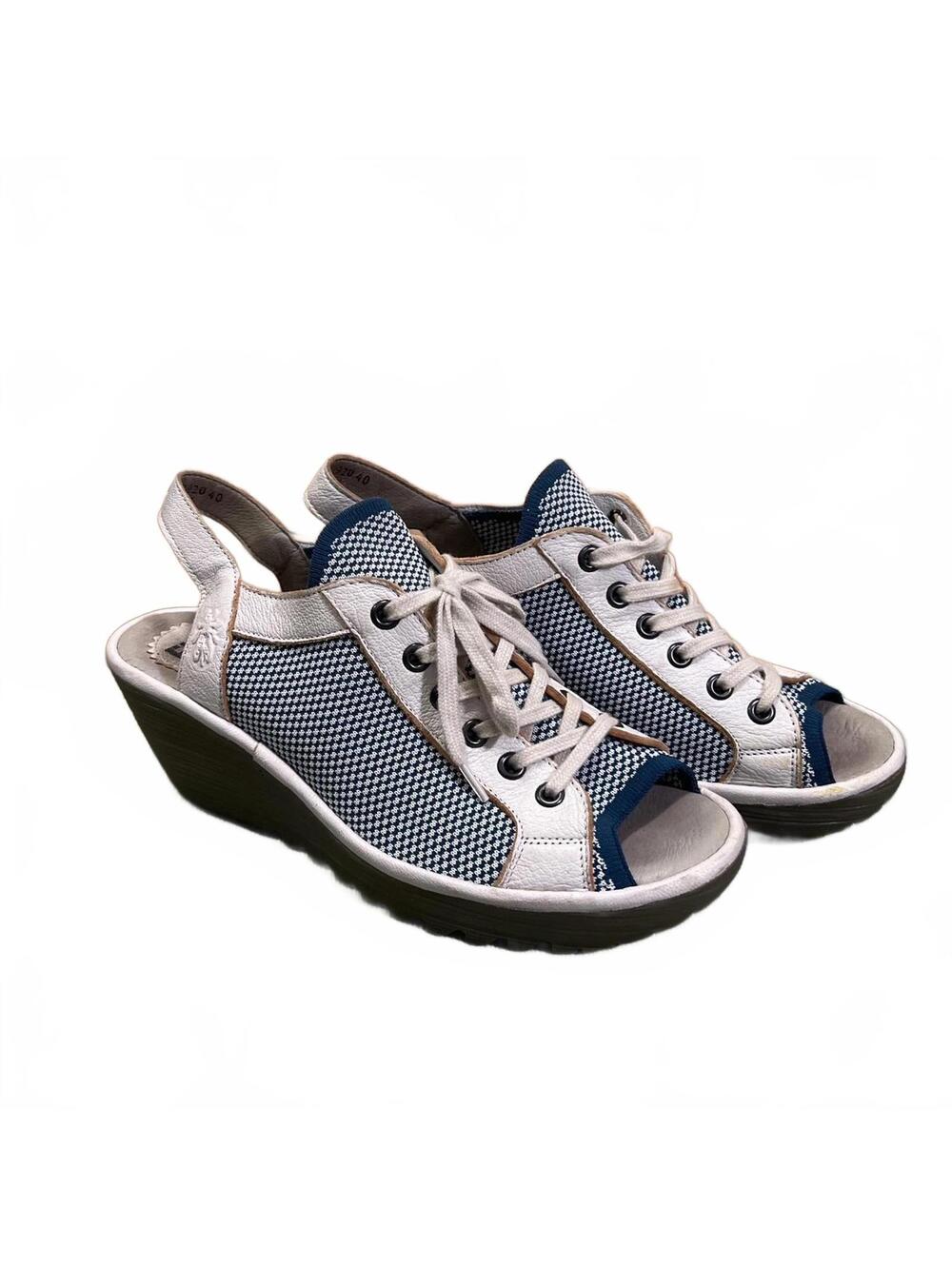 Fly London Womens Blue Multi Lace Up Wedge Sandals Size 8.5 Y2K